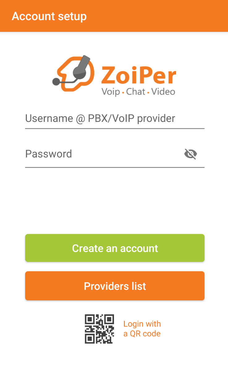 The Zoiper Android application, showing fields for username and password
